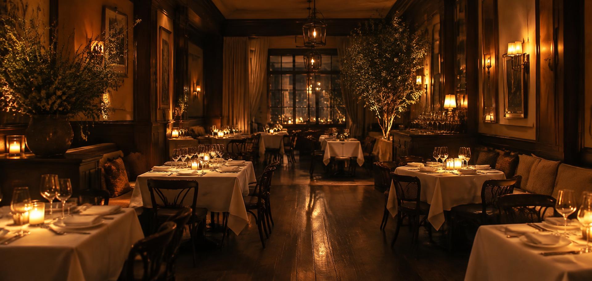 The MAJHA dining room and lounge in the evening, warm candlelight on timber and brass panelling
