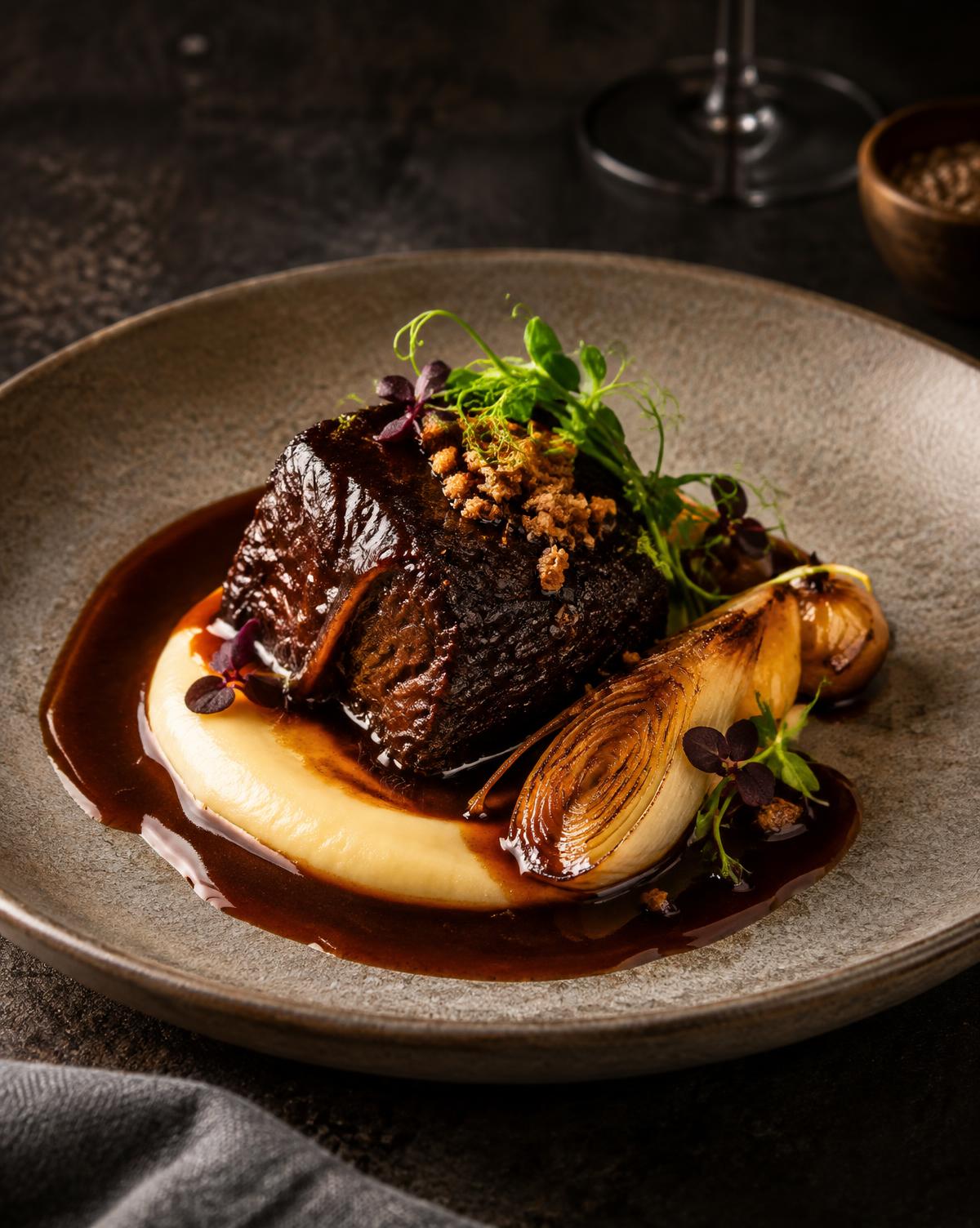 Slow cooked tender beef with rich sauce and mashed potatoes