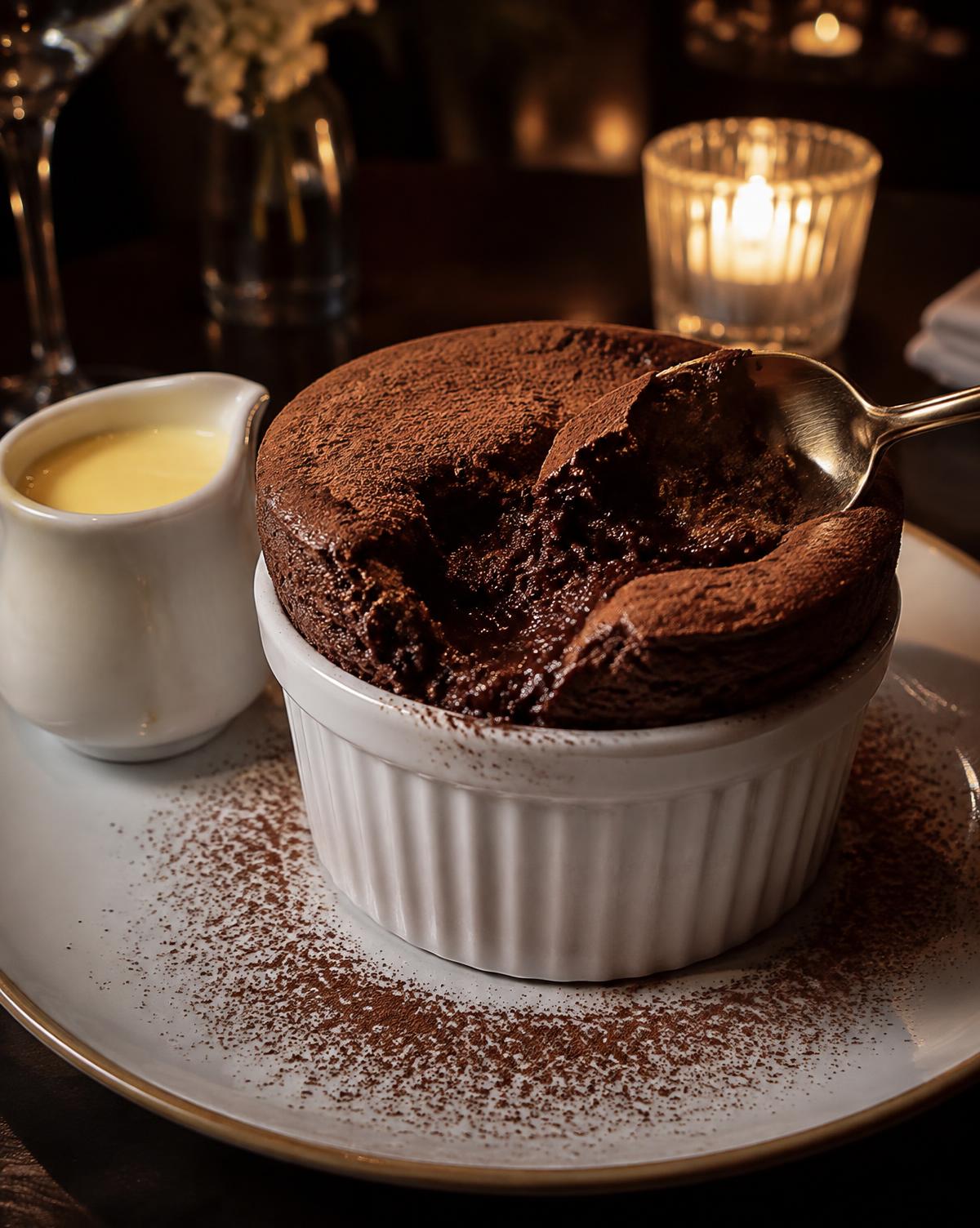 Dark chocolate soufflé with a jug of warm vanilla cream