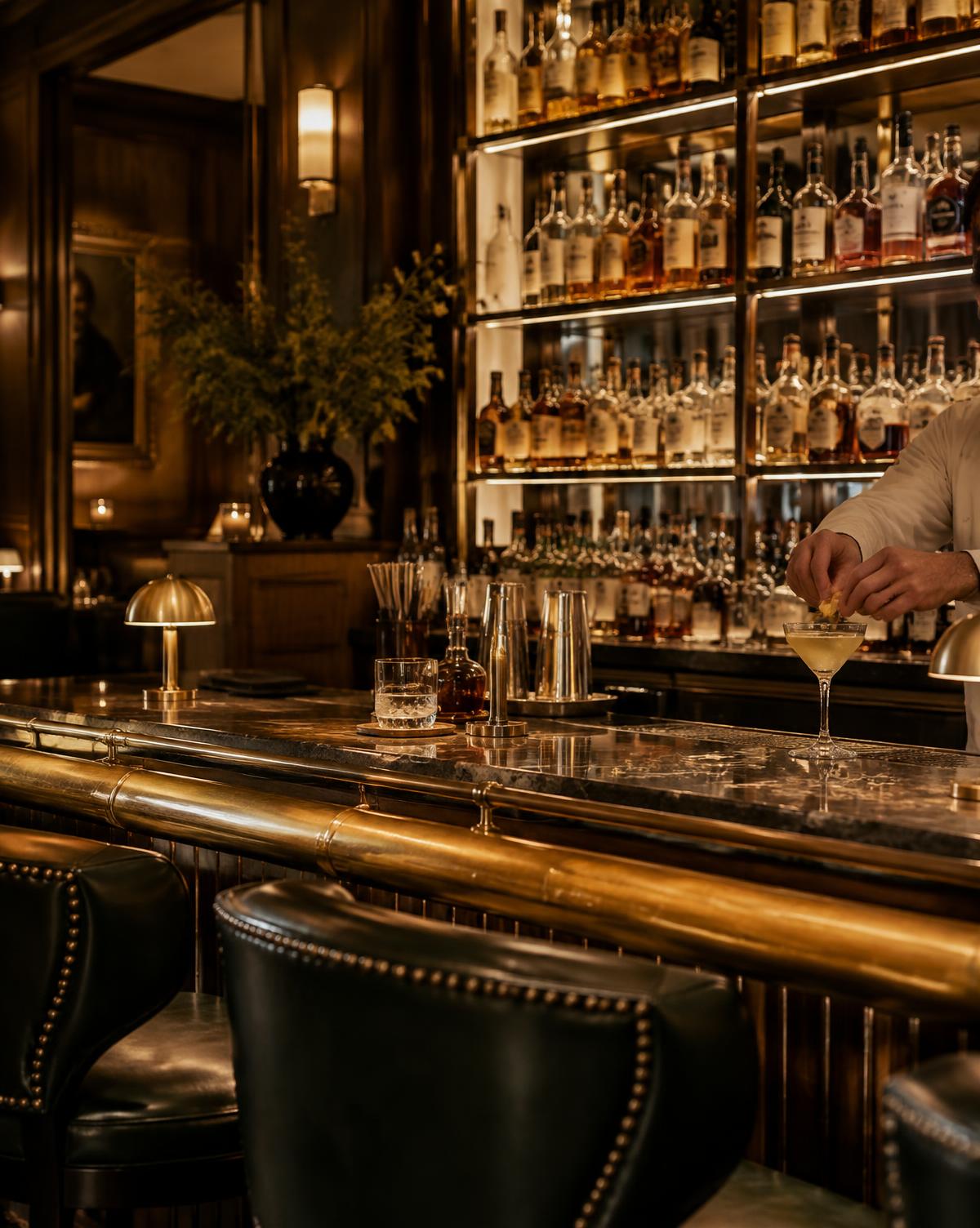 The illuminated brass bar at MAJHA featuring specialty drinks and refreshments