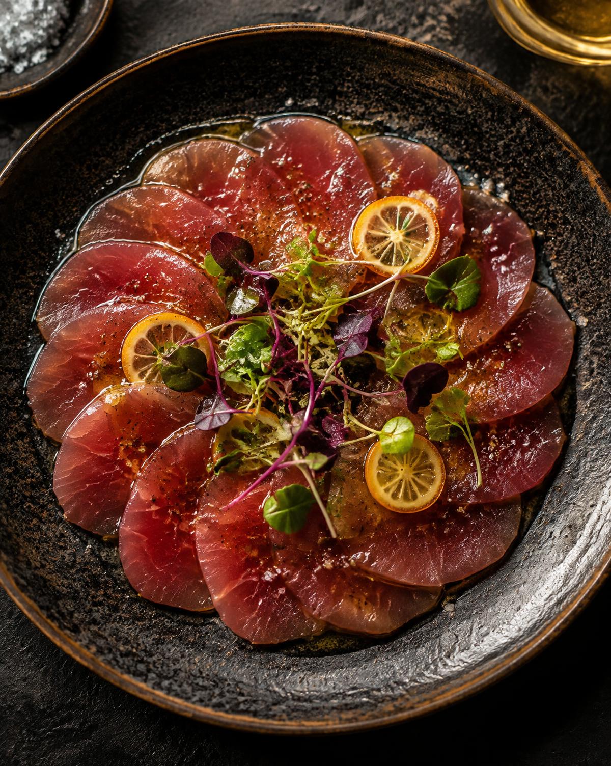 Yellowfin tuna carpaccio elegantly plated on dark tableware
