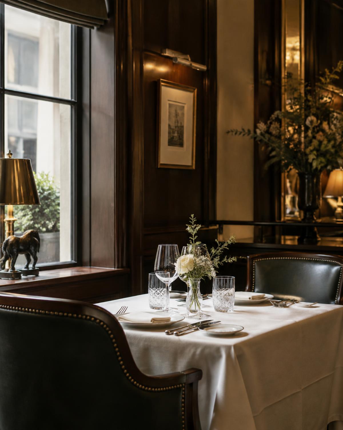 An opulent table setting at MAJHA Café & Restaurant with crystal stemware and dark timber panelling